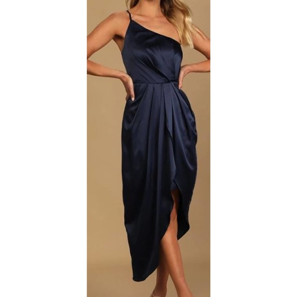 NWOT LULU'S Law of Attraction One-Shoulder Asymmetrical Midi Dress | Navy | S - Picture 1 of 10